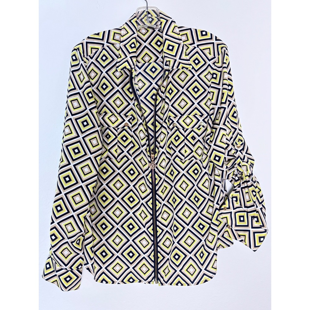 Anne Klein Womens Geometric Diamond Zip Front Blouse Lime Navy Tan Top L